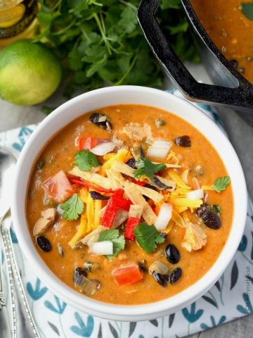 Chilis copycat chicken enchilada soup in a white bowl with toppings
