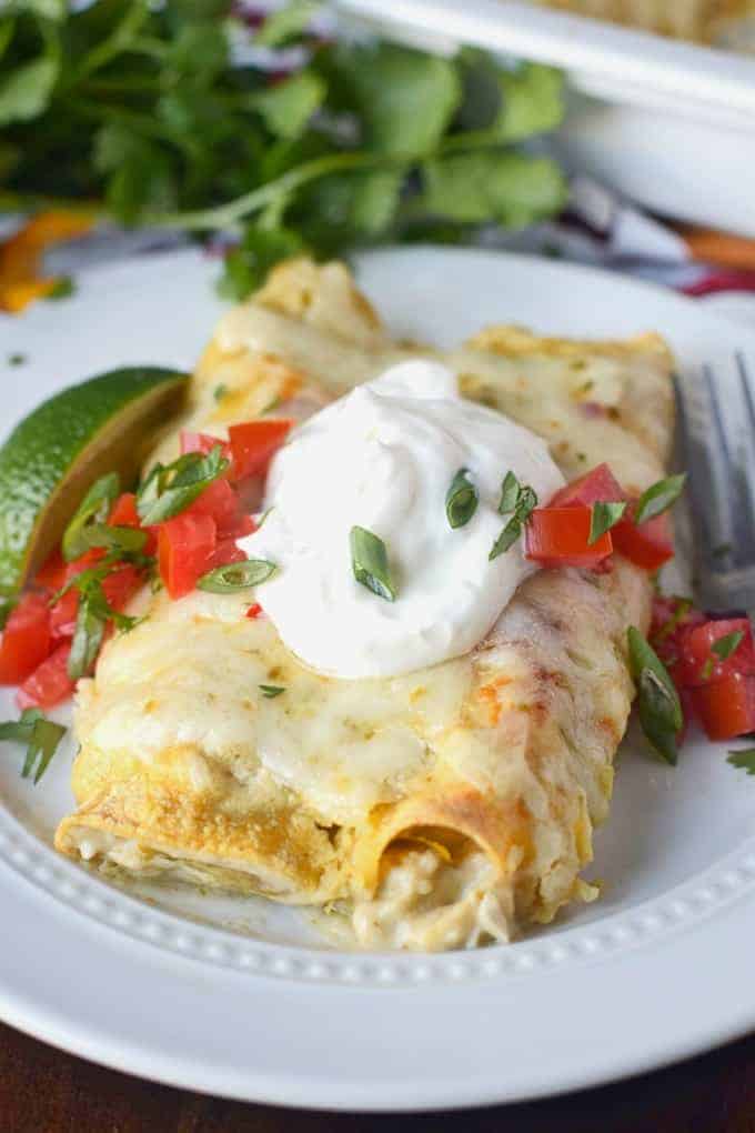 Chicken enchiladas on a white plate.