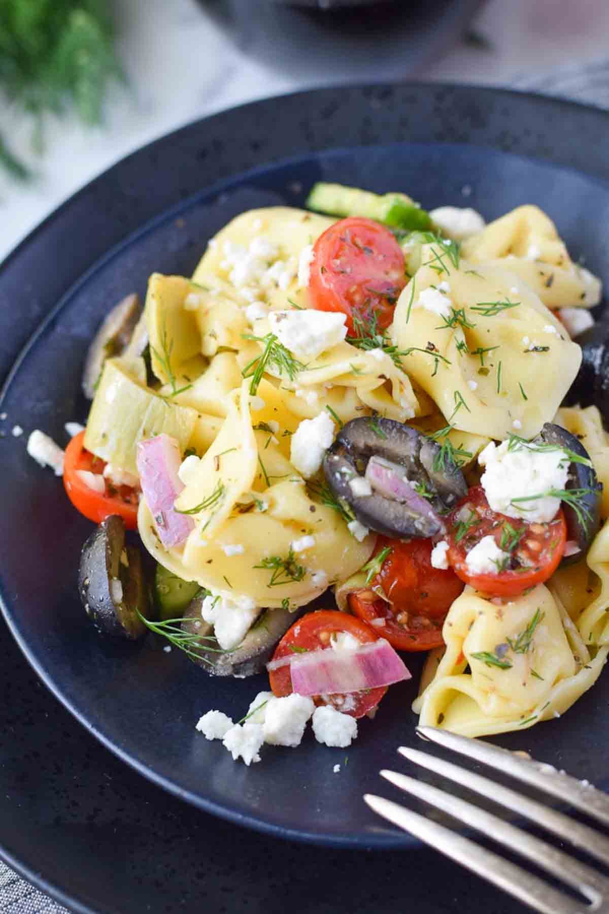 Tortellini pasta salad on a plate.
