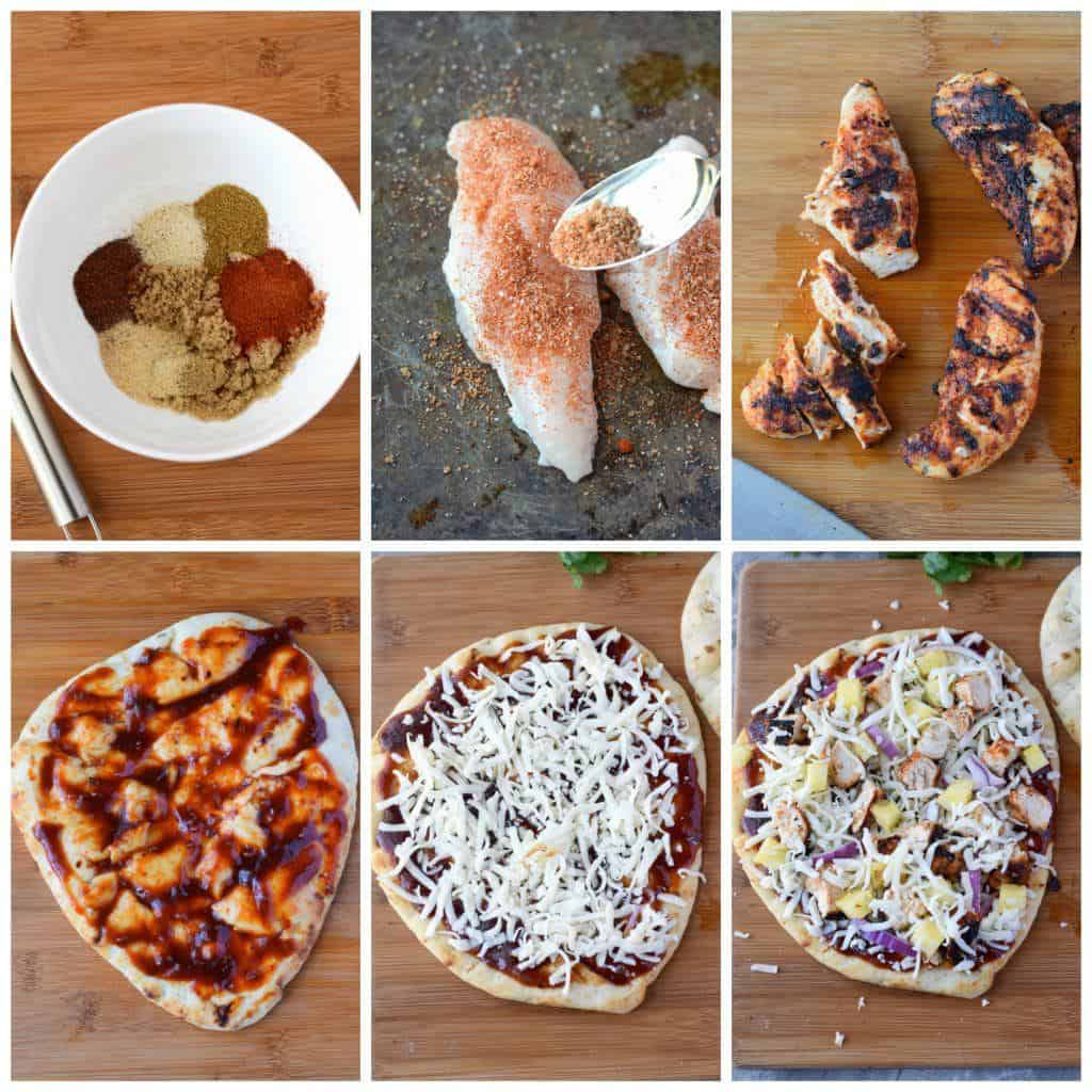 Six process photos. First one, all the spices placed into a white bowl. Secone one, spices being sprinkled on top of chicken. Third one, chicken that has been grilled. Fourth one, bbq sauce spread onto a flatbread. Fifth one, cheese sprinkled on top. Sixth one, bbq chicken and pineapple placed on top.