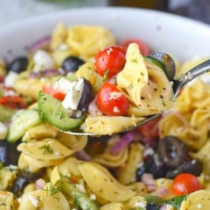 A spoon scooping up some greek pasta salad.