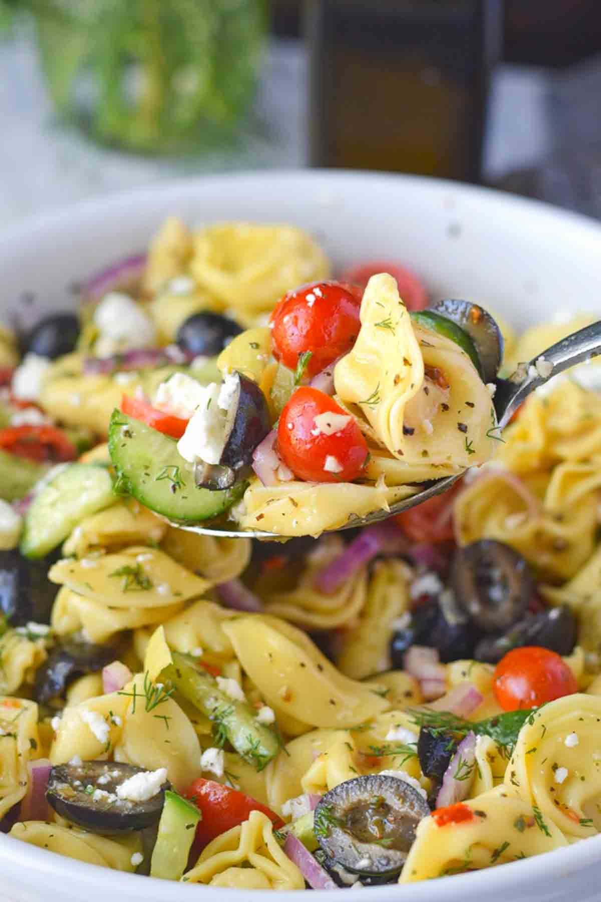 A spoon scooping up some greek pasta salad.