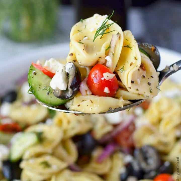 Greek tortellini pasta salad scoop on a spoon