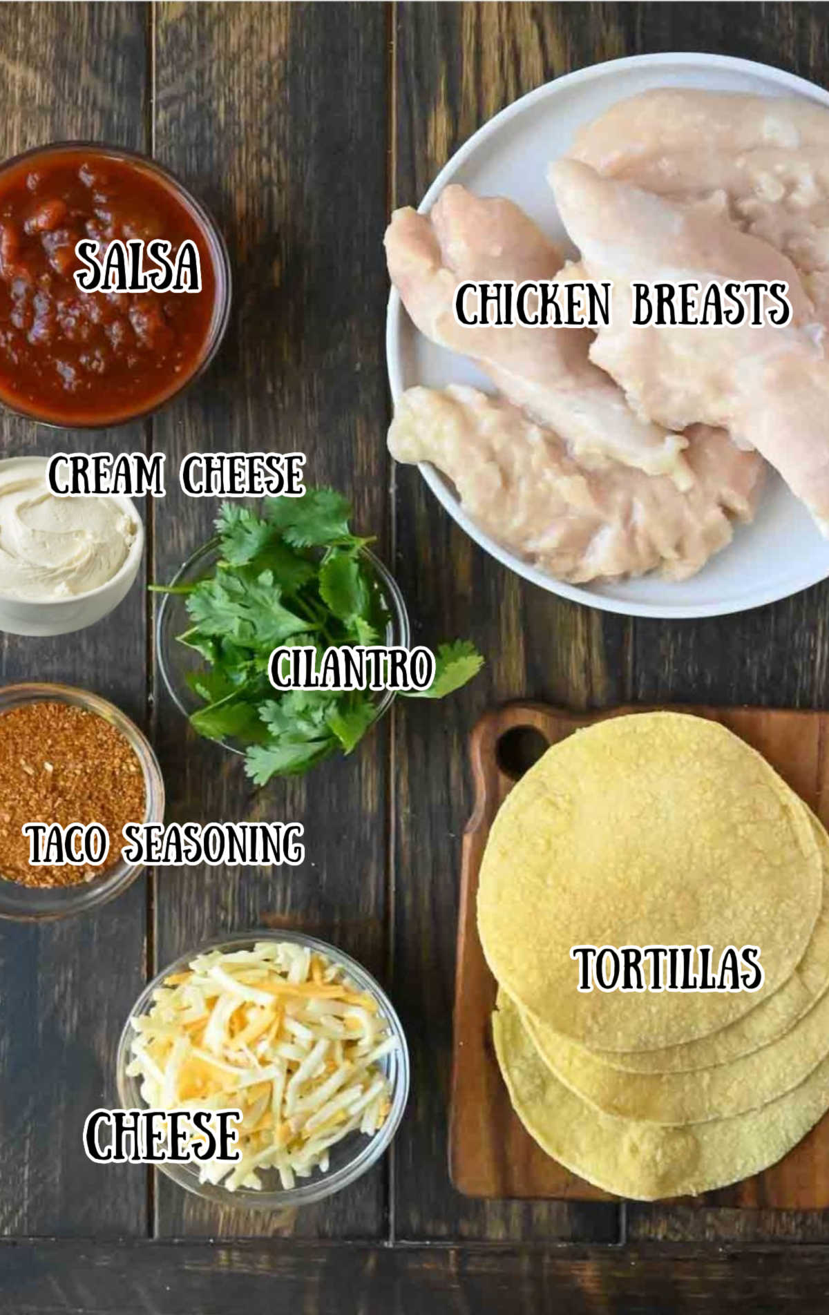 All the ingredients for slow cooker chicken taquitos.