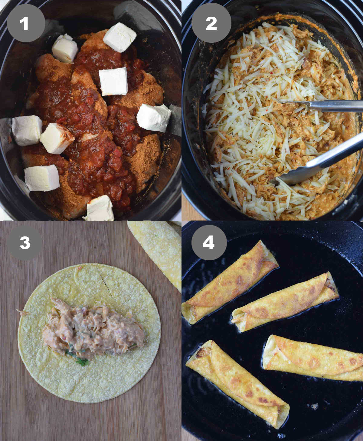 All the ingredients placed into a slow cooker the added to tortillas rolled and fried in a pan.