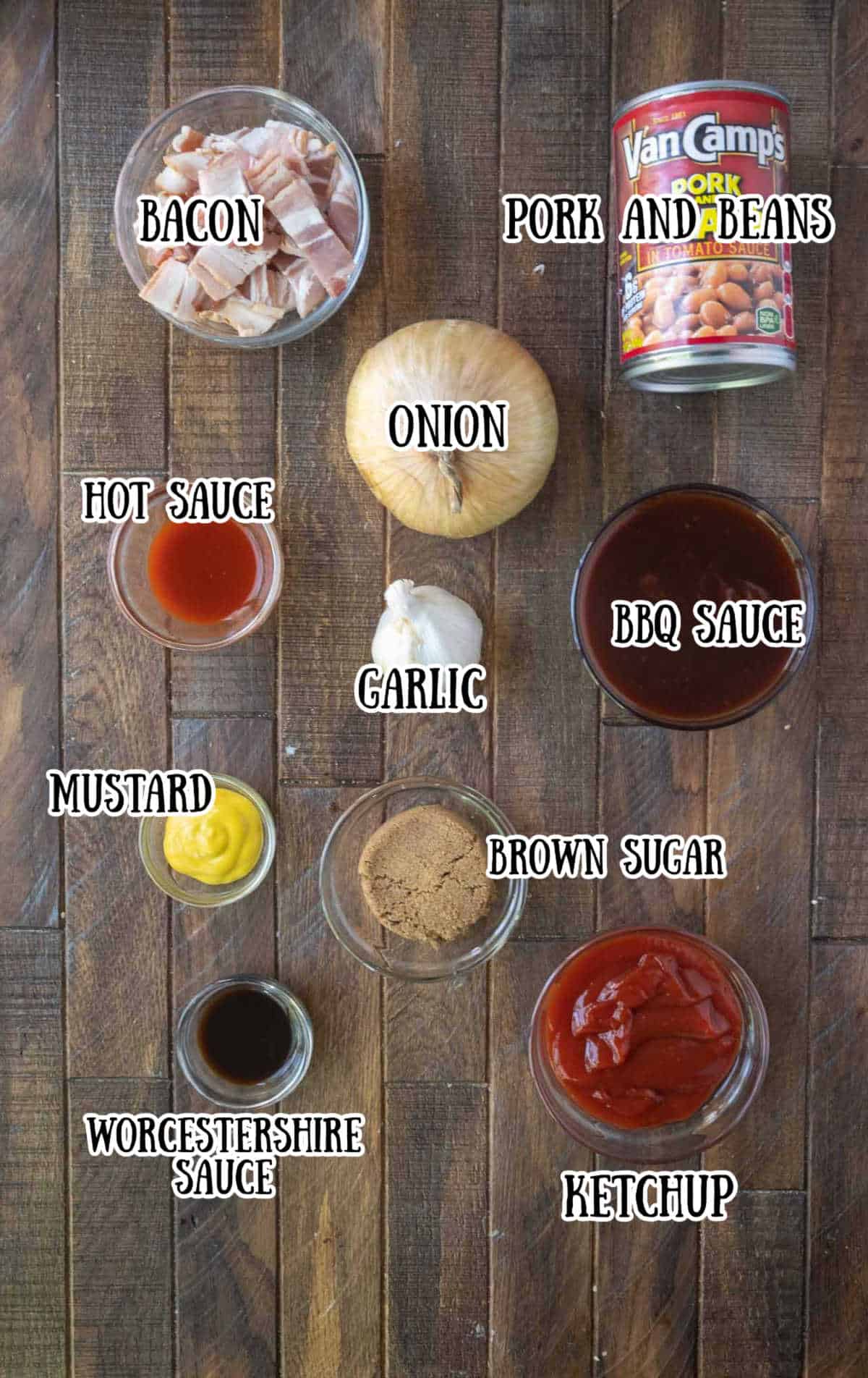 All the ingredients needed for these baked beans.