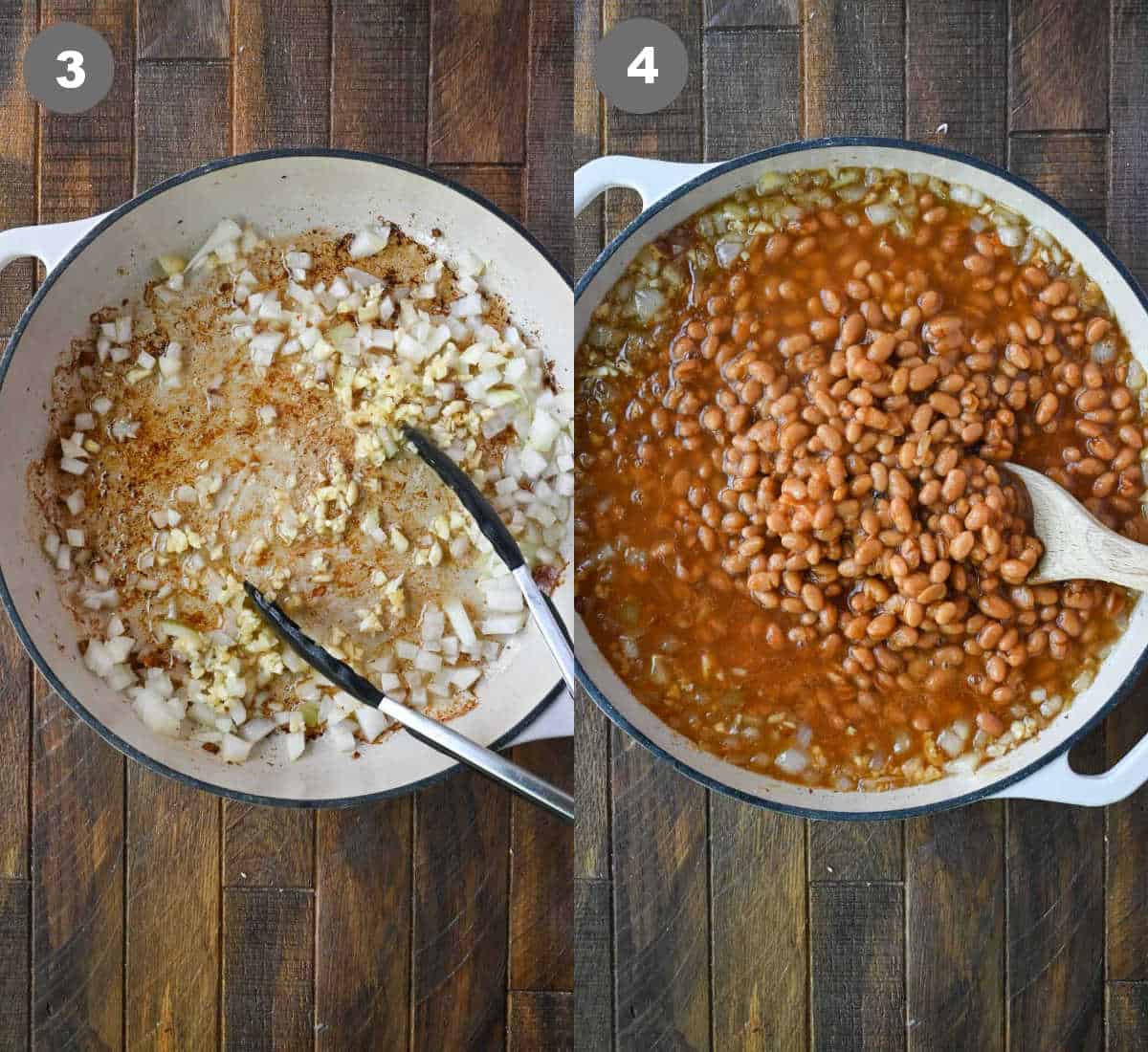 Diced onions sauteed in a skillet with garlic then beans added in.
