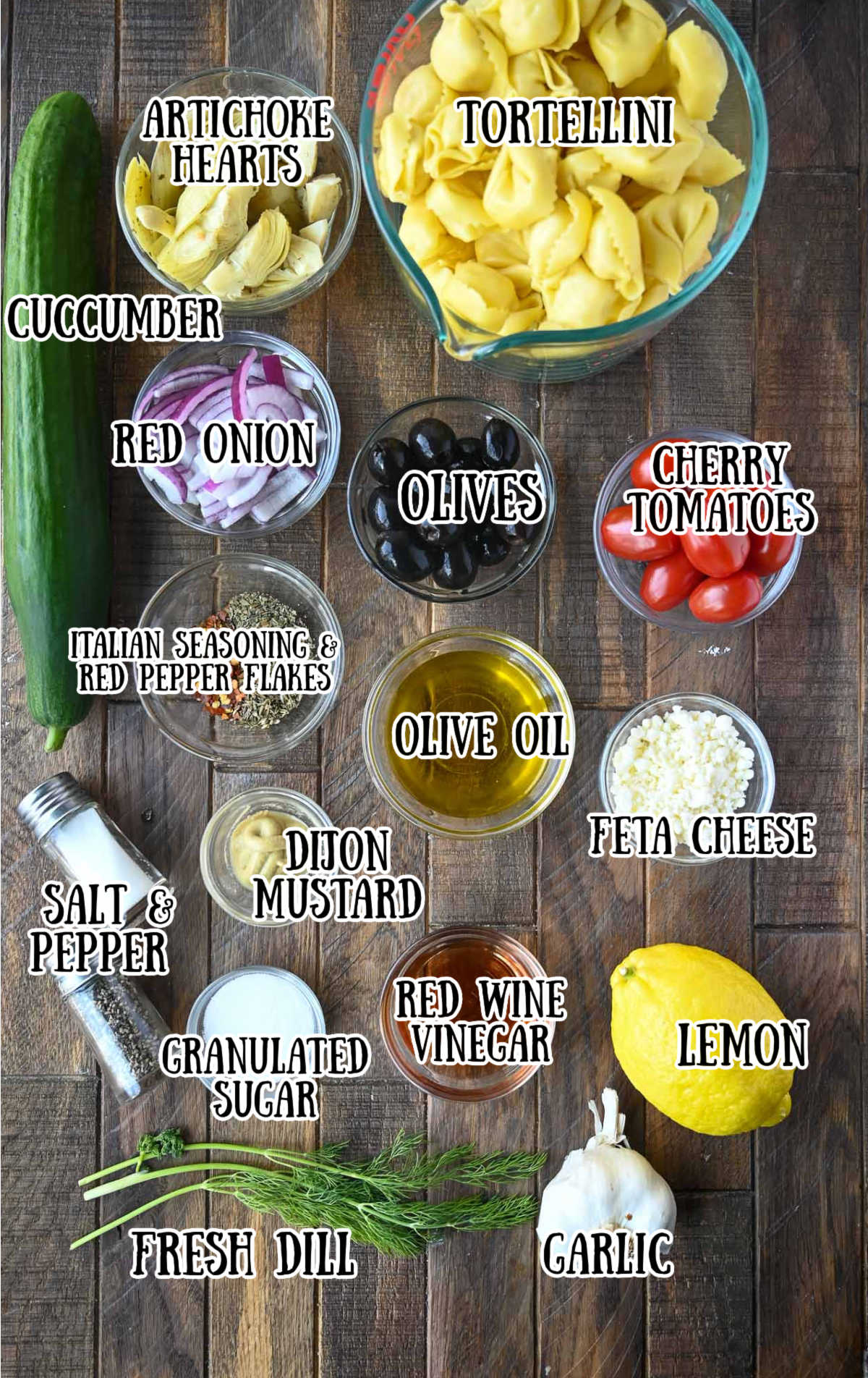 All the ingredients needed for the tortellini pasta salad.