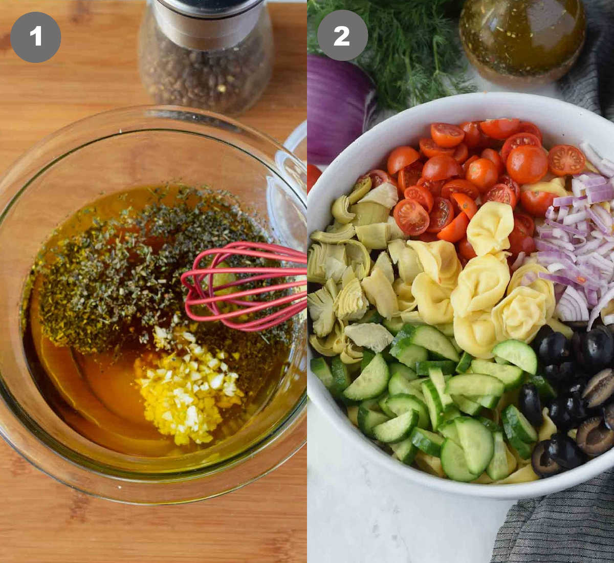 Dressing mixed in a bowl then added to the salad.
