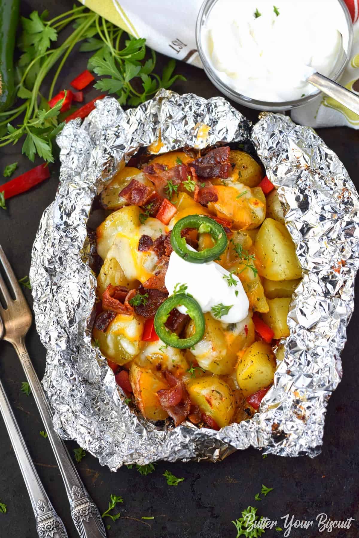 Bacon ranch potatoes in a foil packet.