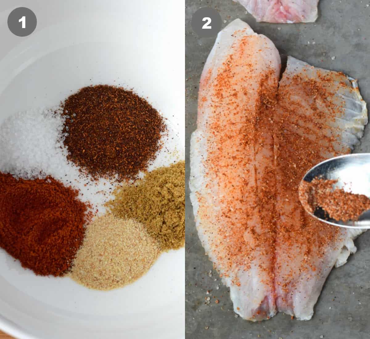 Spices in a white bowl and sprinkled on white fish.