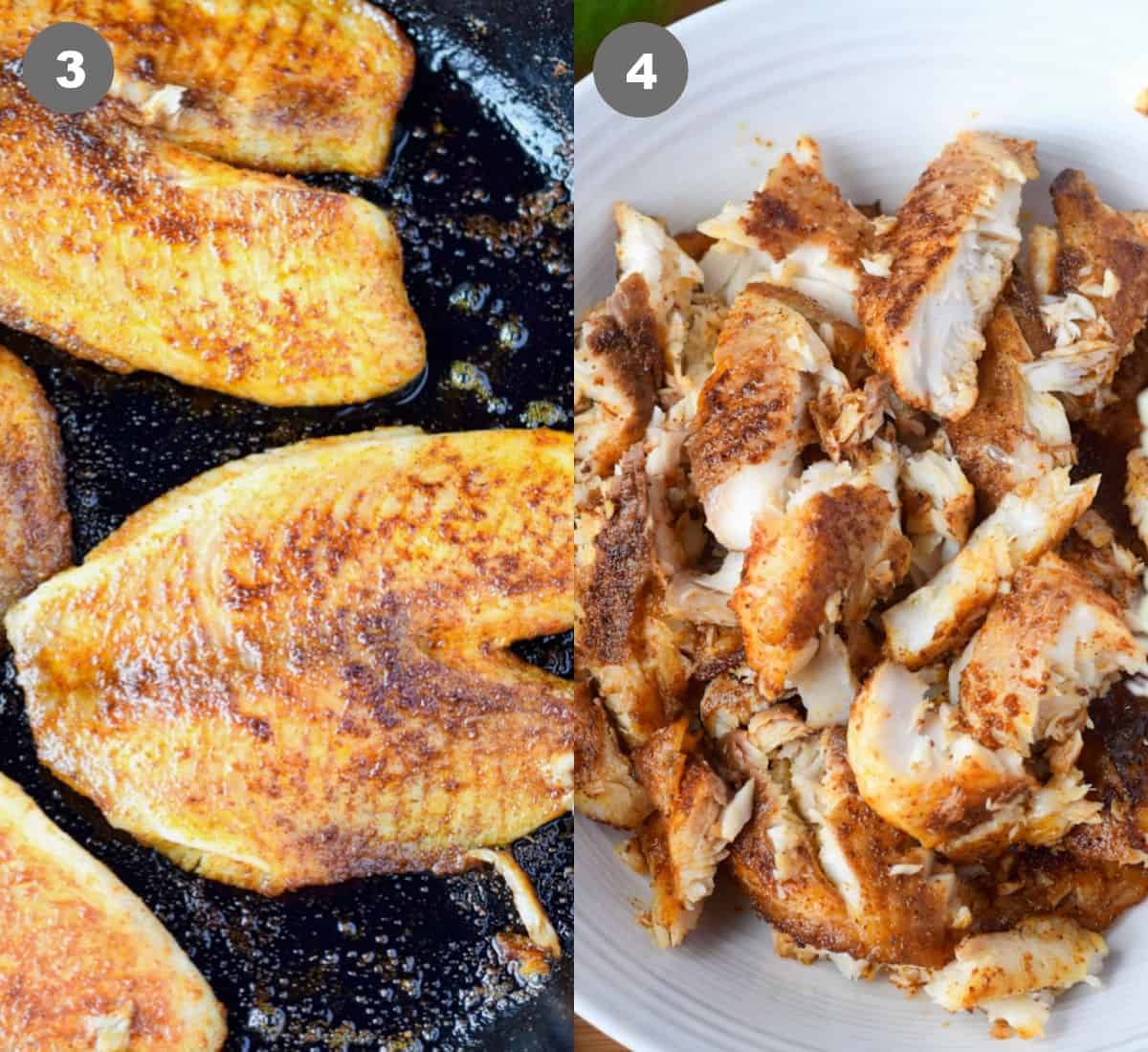 Fish fried in a cast iron skillet and shredded in a bowl.