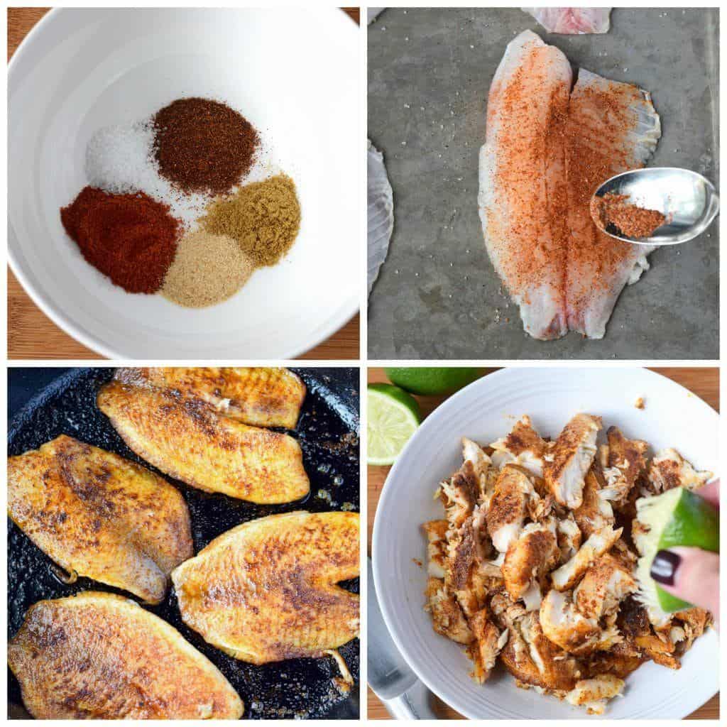 Tilapia fish tacos prep steps. First one, all the spices placed in a white bowl. Second one, spices being sprinkled on top of thw fish. third one, fish that has been cooked in the skillet. Fourth one, the cooked fish chopped up in a white bowl.
