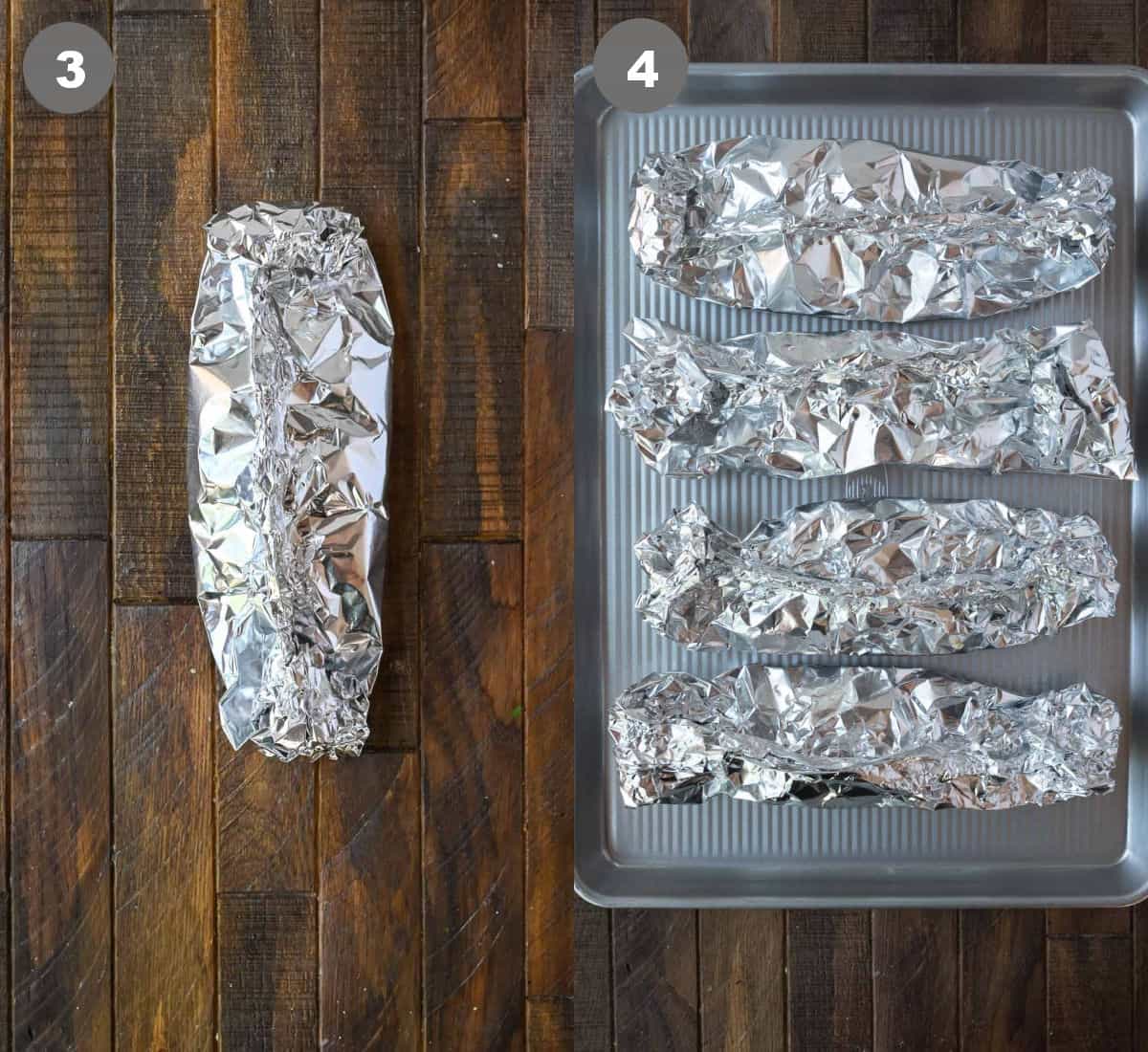 Potatoes that have been wrapped in a foil packet and placed on a baking sheet.