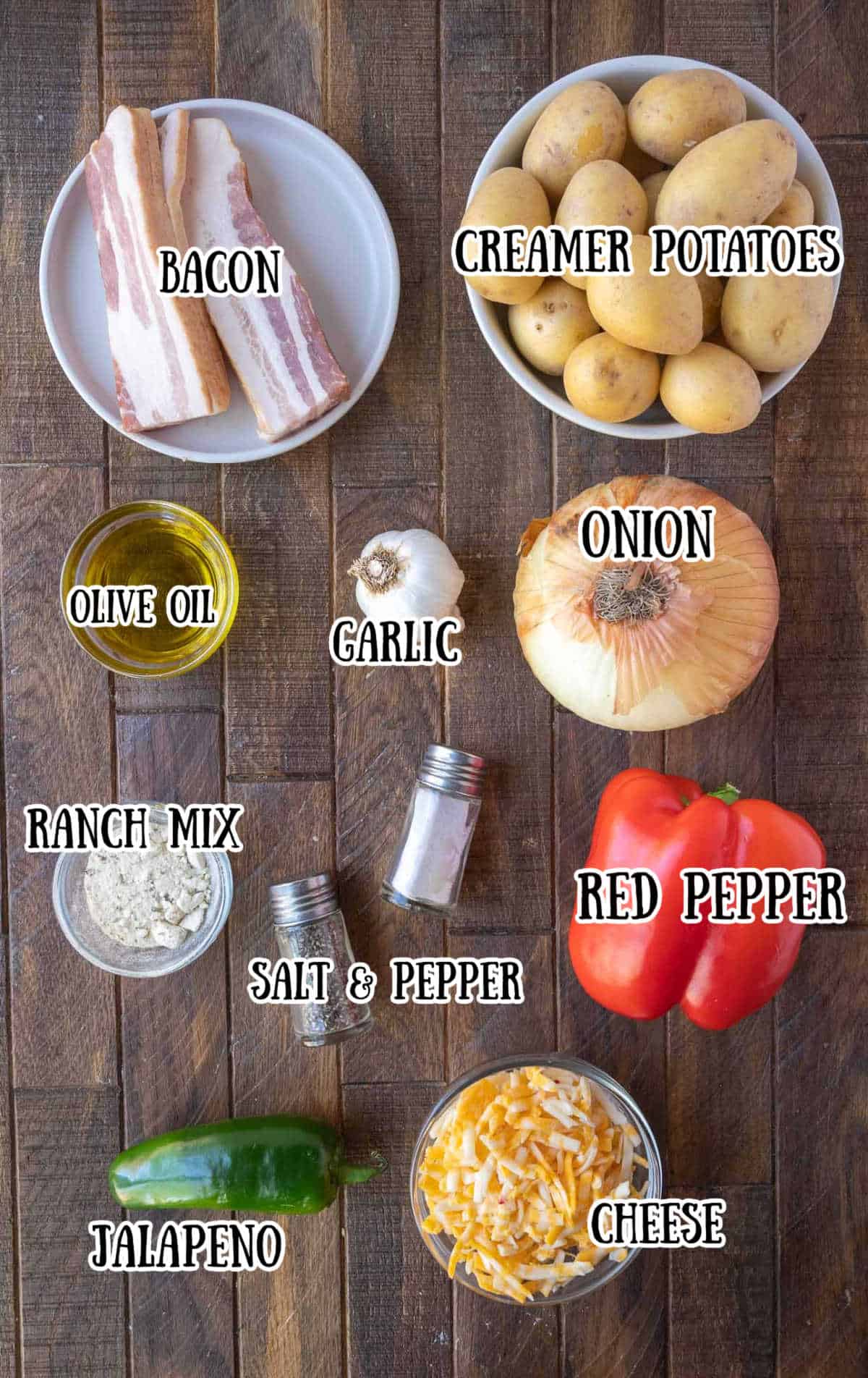 All the ingredients needed for these bacon ranch potatoes.