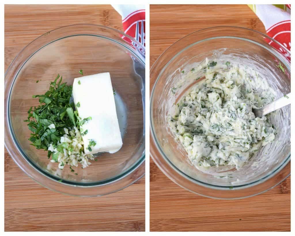 Two process photos. First one butter and herbs placed into sa small bowl. Second one, butter and herbs all mixed together.