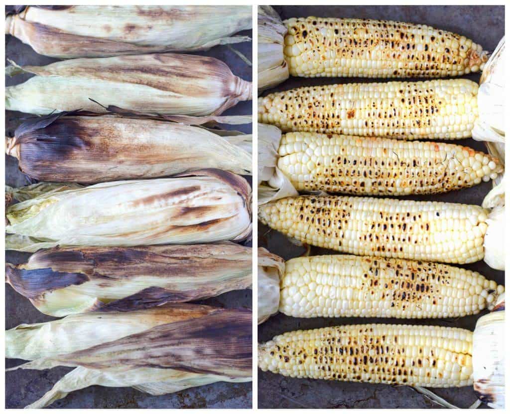 Two process photos. First one corn on the cob with husks on still that has been grilled. Second one, the husks pulled back and corn placed back on the grill to get some char.