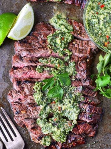 A plate of food with Steak and Chimichurri