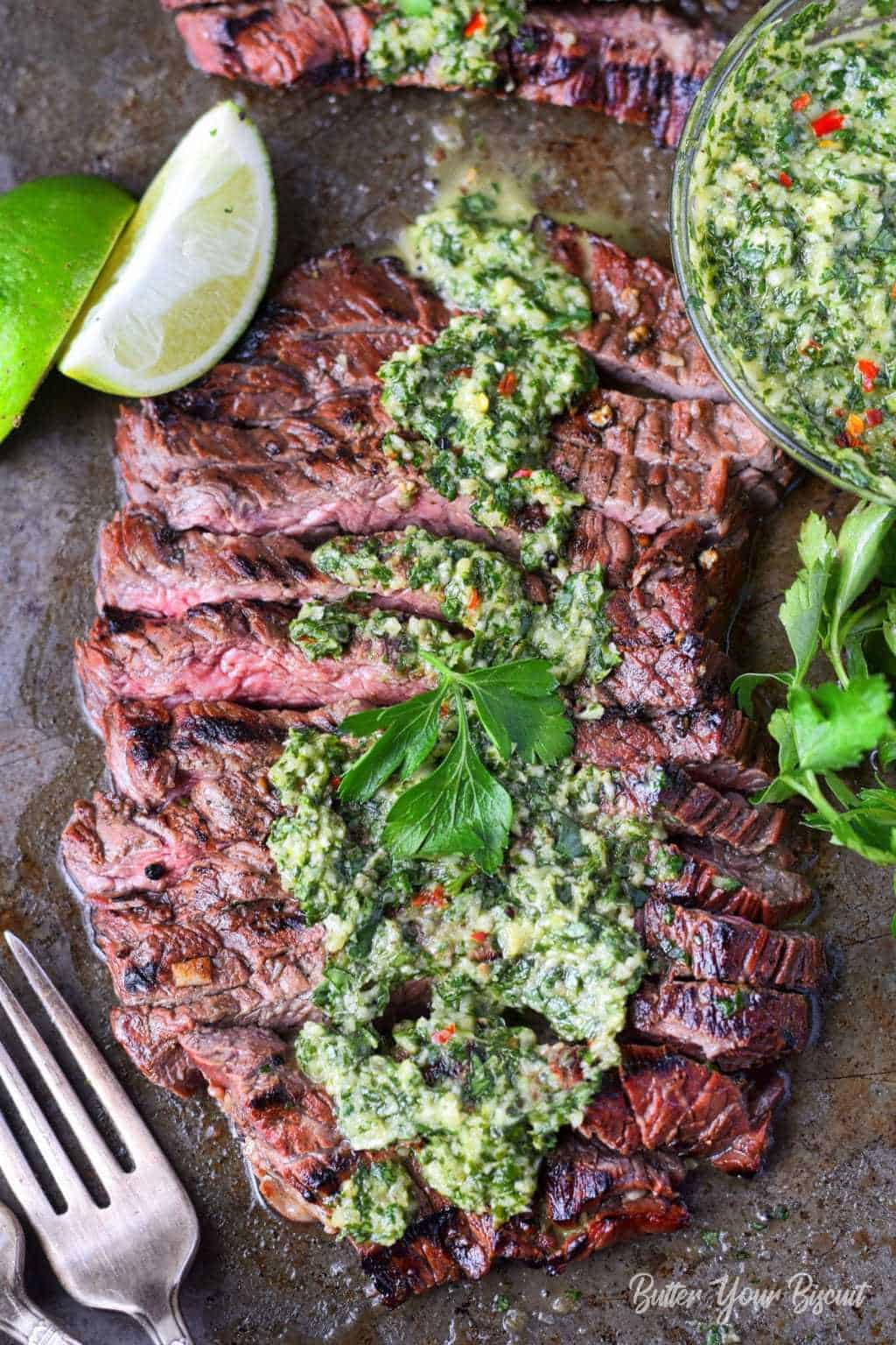 A plate of food with Steak and Chimichurri