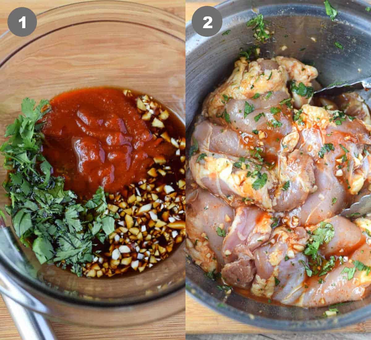 Marinade ingredients in a small bowl then tossed with raw chicken thighs.