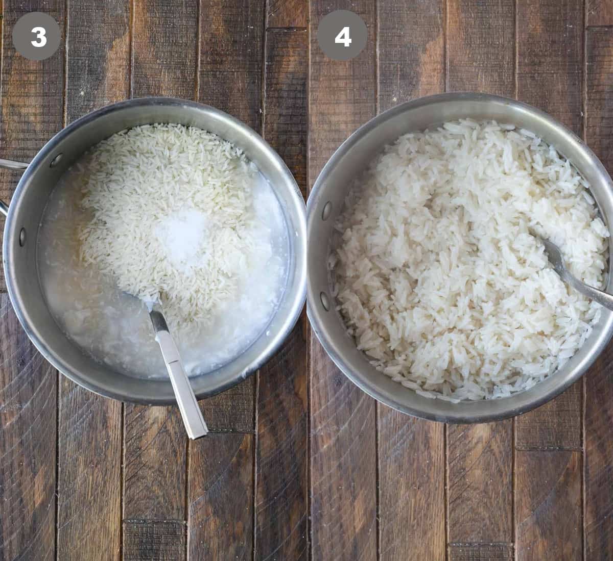 Coconut rice ingredients placed in a pan and cooked.