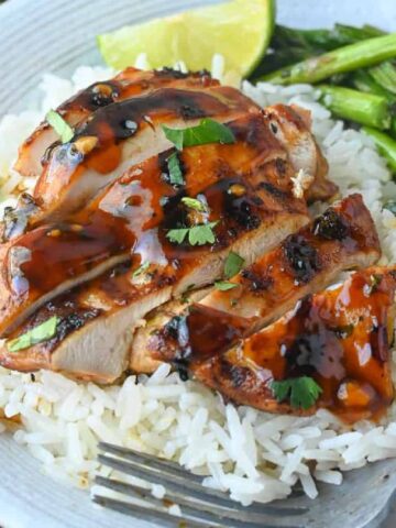 Sliced grilled chicken with rice.