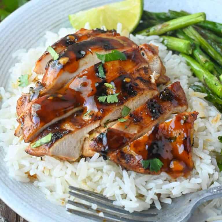 Sliced grilled chicken with rice.