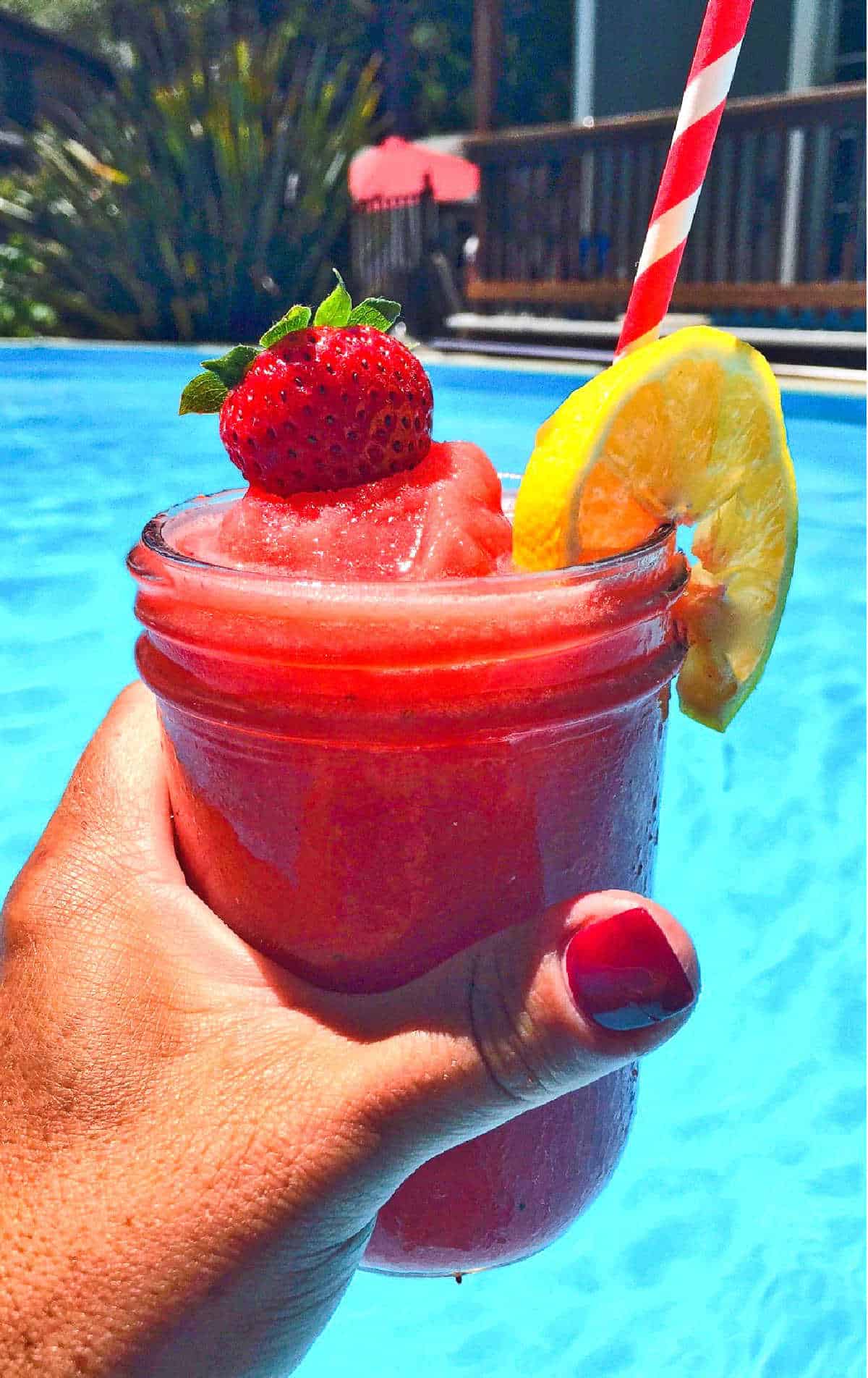 A strawberry vodka slush enjoyed by the pool.