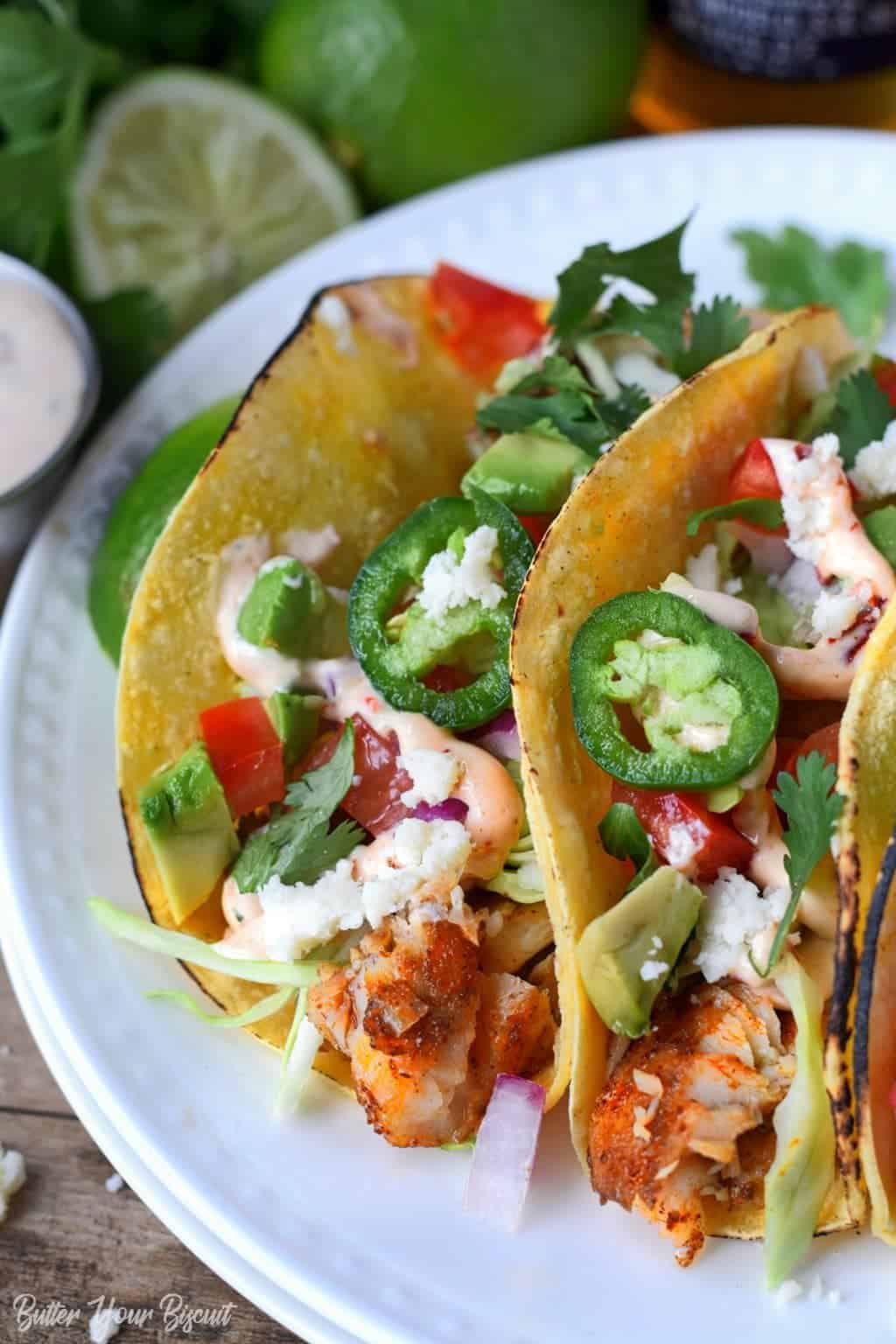 Tilapia Fish tacos with Chipotle Ranch Sauce - Butter Your Biscuit