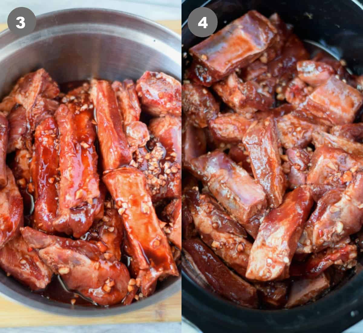 Spare ribs tossed in a bowl with the sauce. Then placed in a slow cooker.