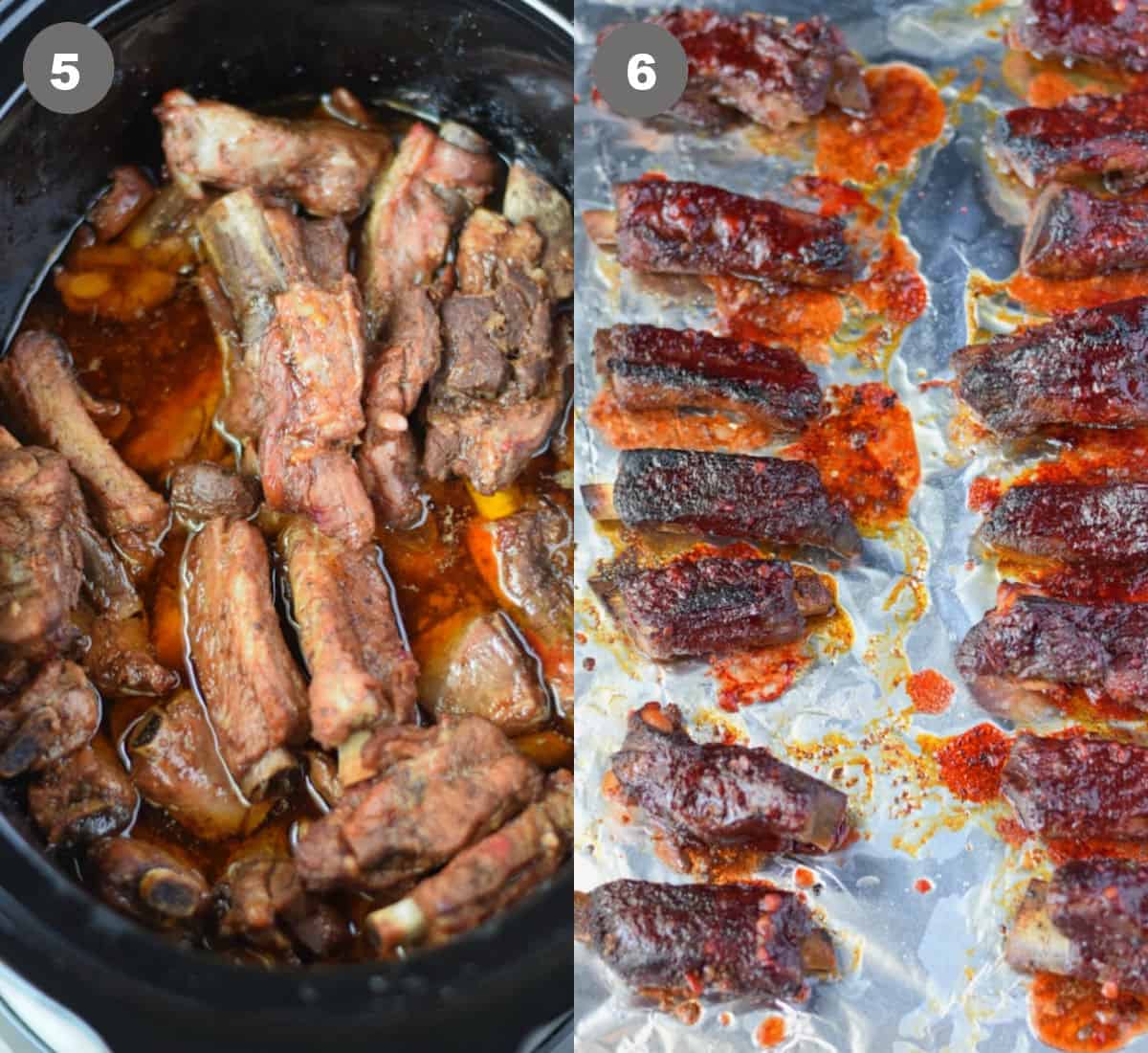 Ribs cooked in the slow cooker and placed on a baking sheet to broil.