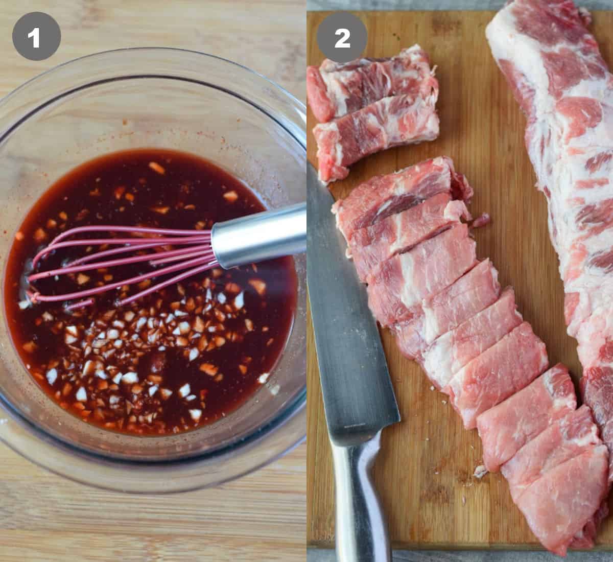 Sauce mixed in a small bowl and ribs cut up.
