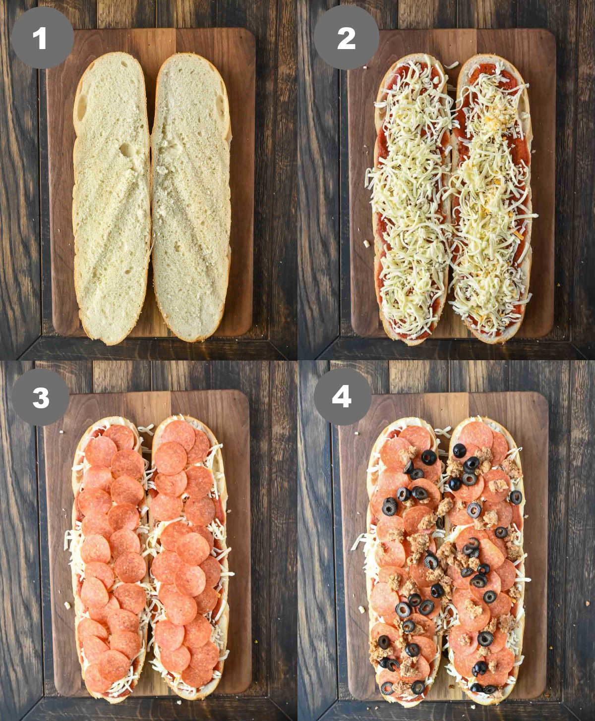 French bread cut in half and sauce, cheese and toppings added.