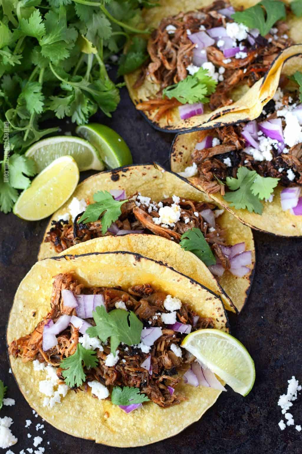 A plate of food, with Taco and Carnitas