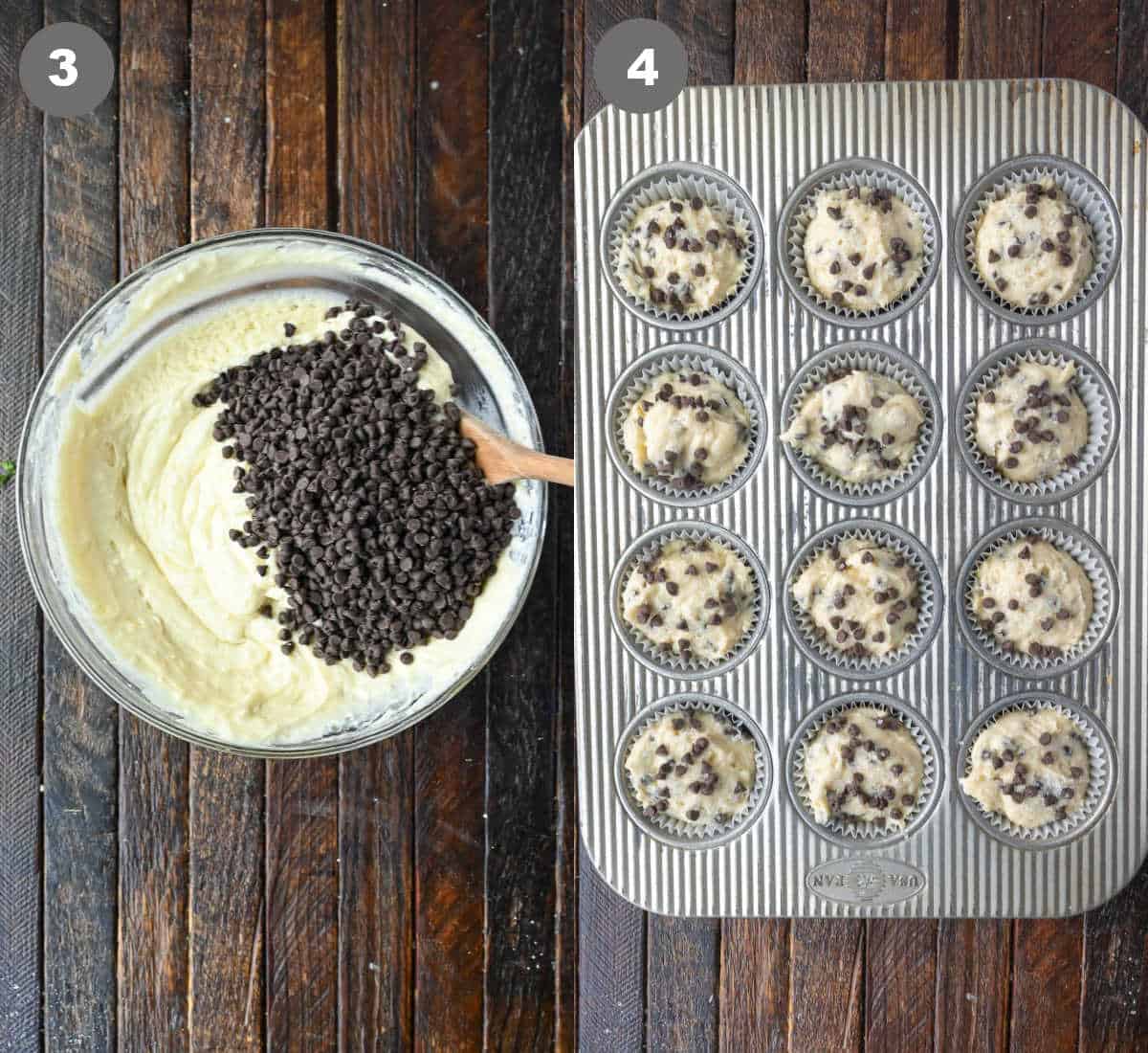 Chocolate chips folded in and batter placed into muffin tins.