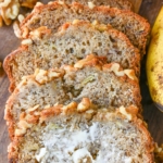 Starbucks banana bread on a cutting board pinterest pin.