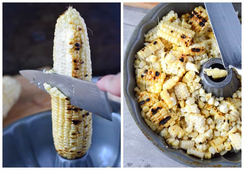 Grilled corn being cut off the cob