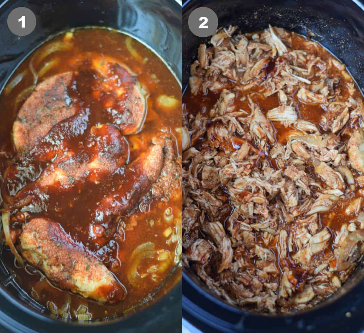 Raw chicken in bbq sauce then shredded in a slow cooker.