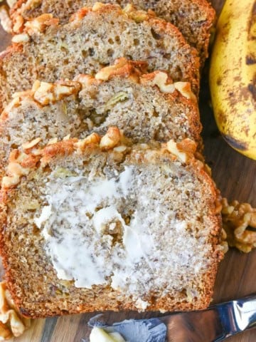 Starbucks banana bread with butter on a slice.
