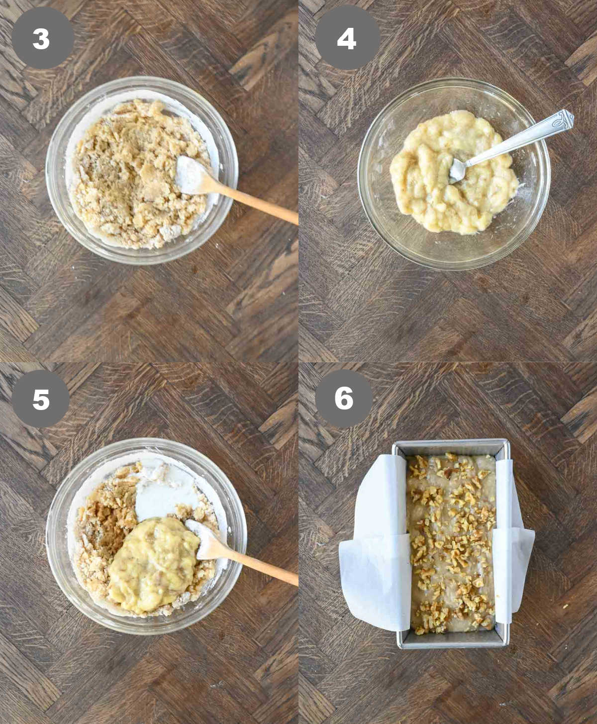 Banana bread batter mixed in a bowl then added to a loaf pan.