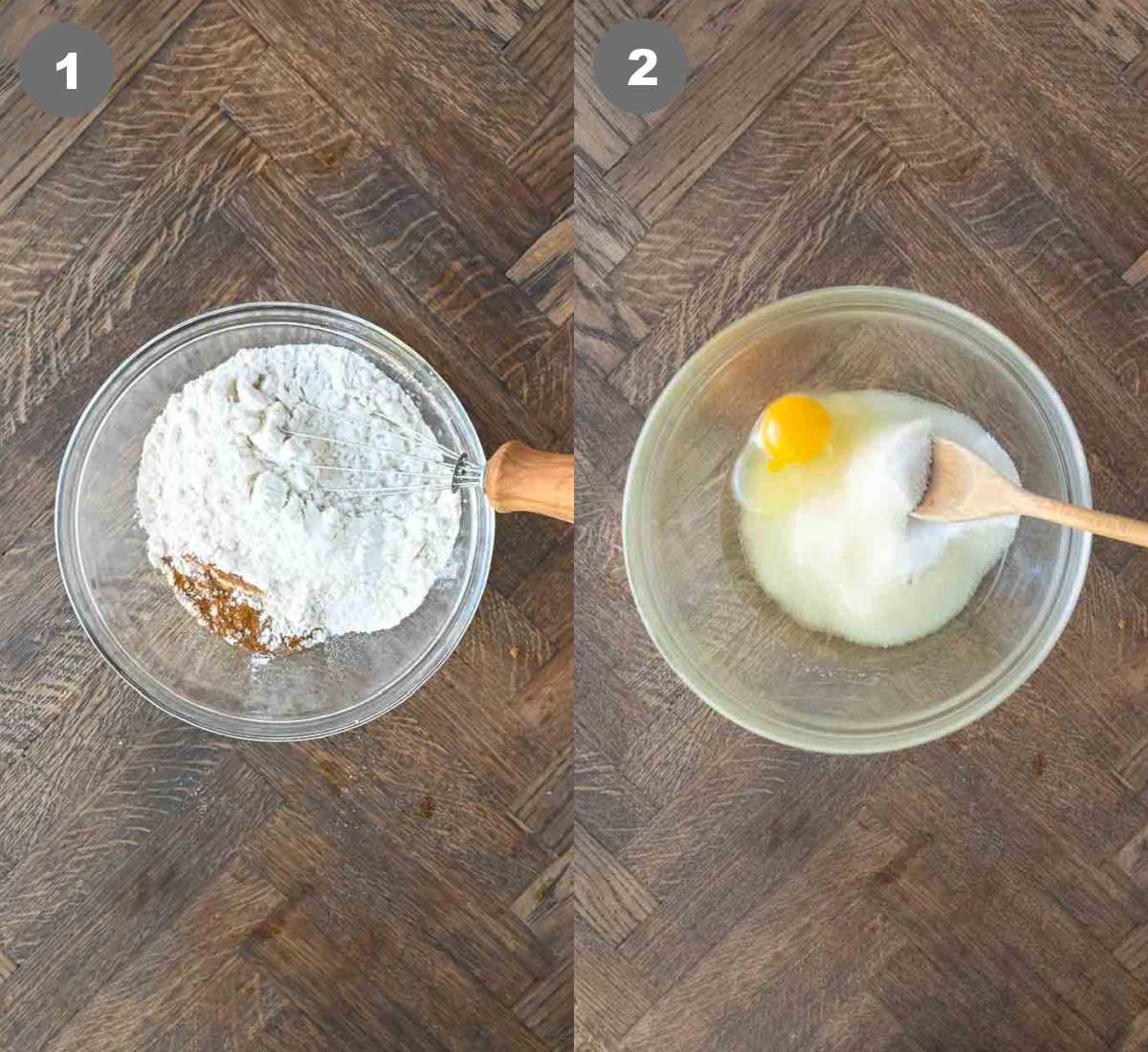 Banana bread dry mixture mixed in a bowl and the wet mixture mixed in another bowl.