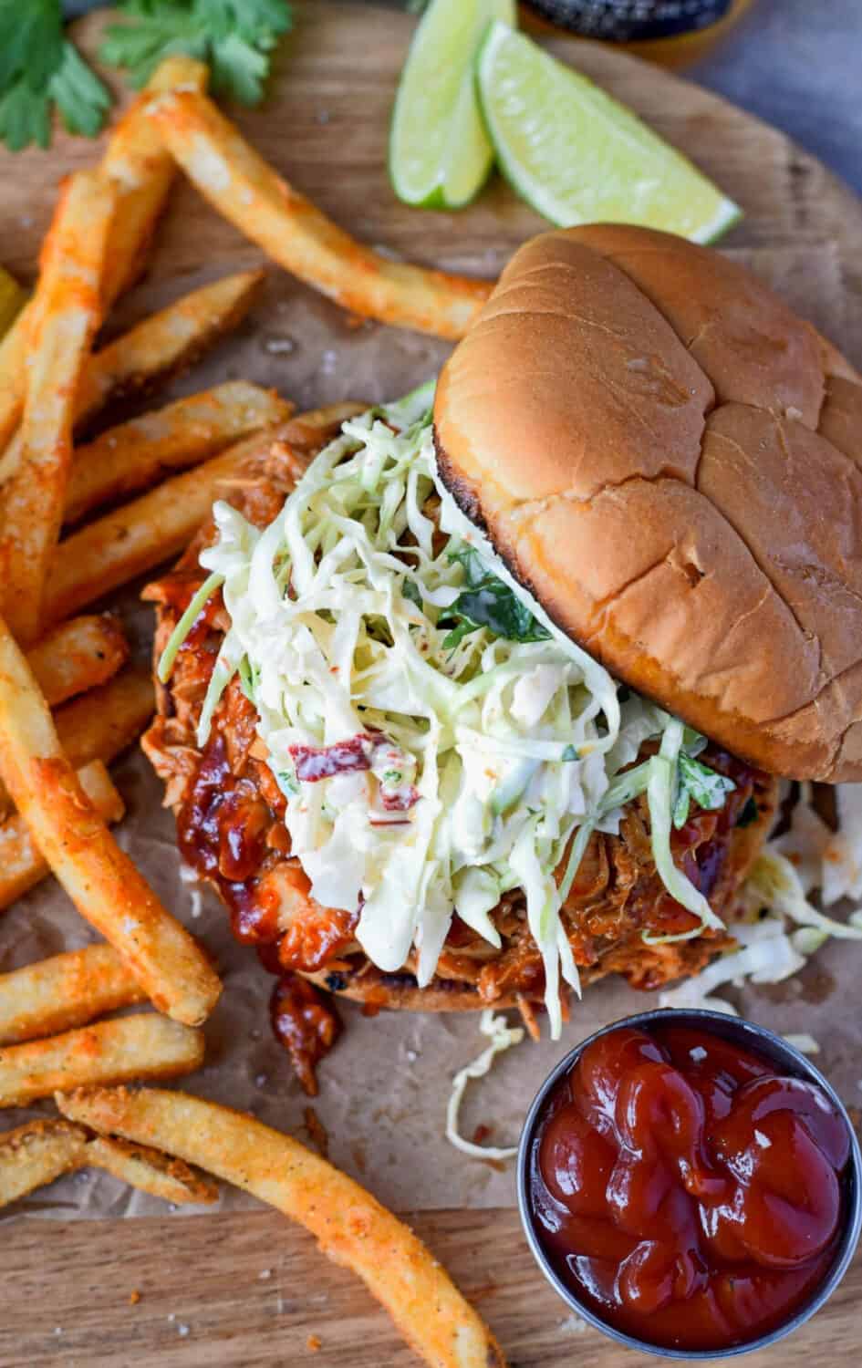 Bbq chicken sandwich with coleslaw.