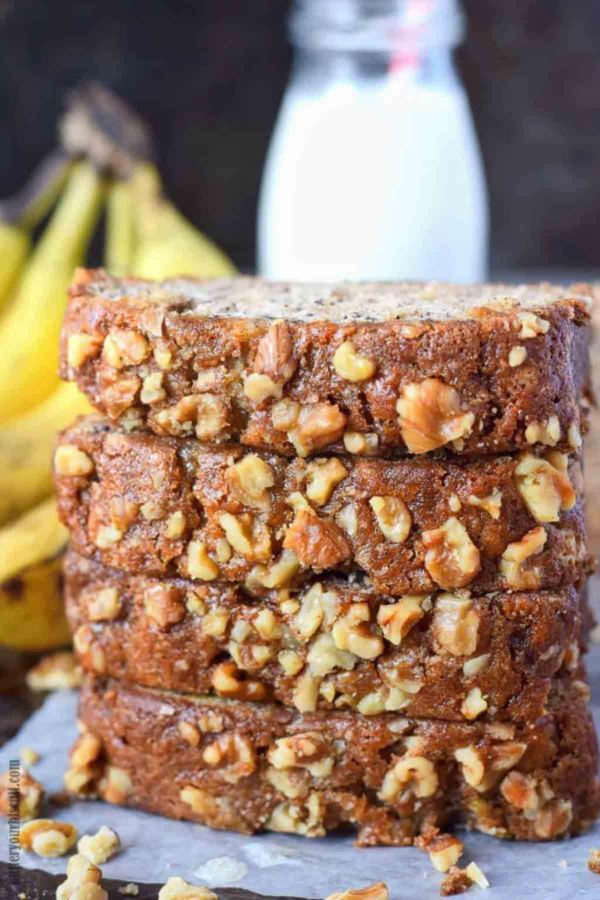 A stack of sliced banana bread.