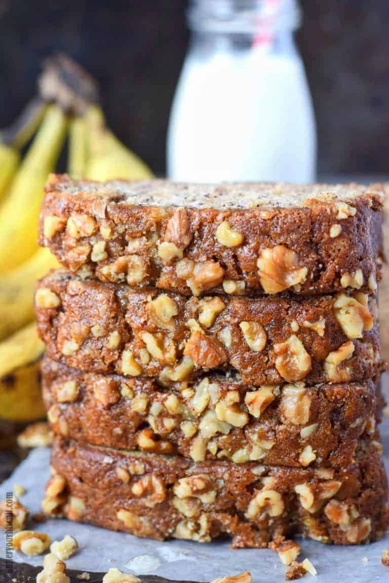 Starbucks copycat banana bread slices stacked on top of each other