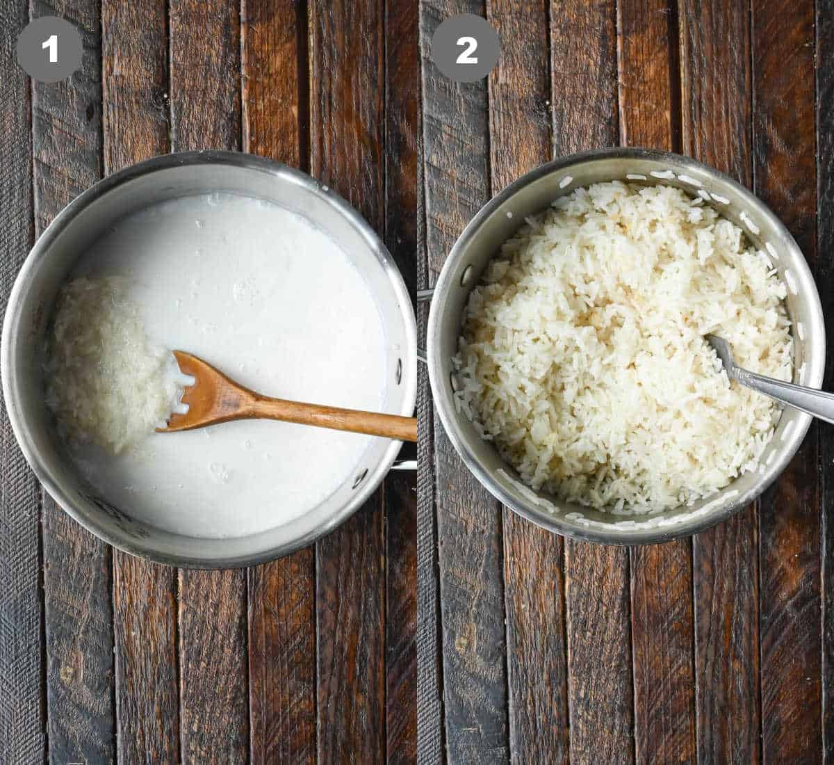 Coconut rice ingredients added into a saucepan and cooked.