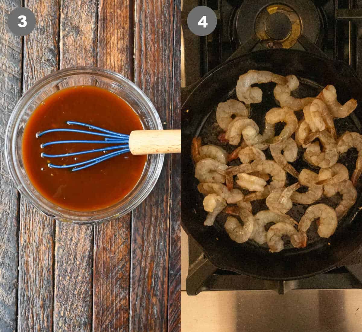 Stir fry sauce mixed together in a small bowl. Then raw shrimp added into a skillet.