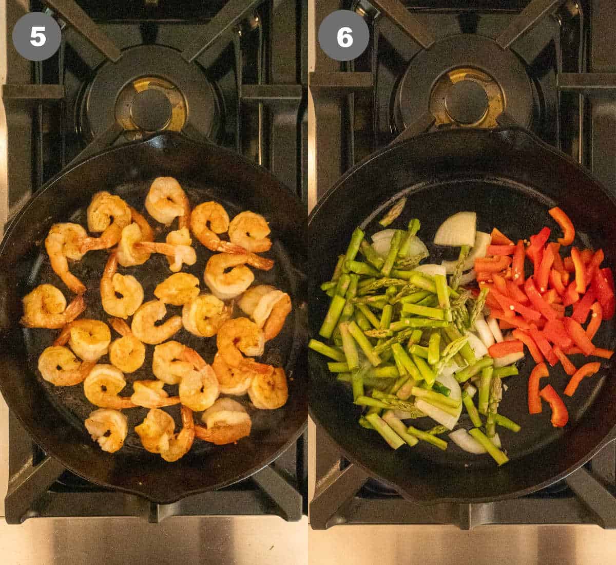 Shrimp being cooked in a cast iron skillet, removed then veggies added in.
