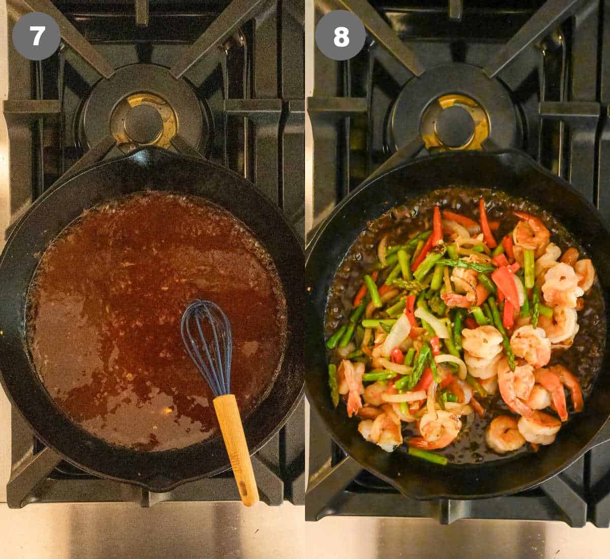 The sauce mixed together in a cast iron skillet then the cooked shrimp and veggies added into the sauce.