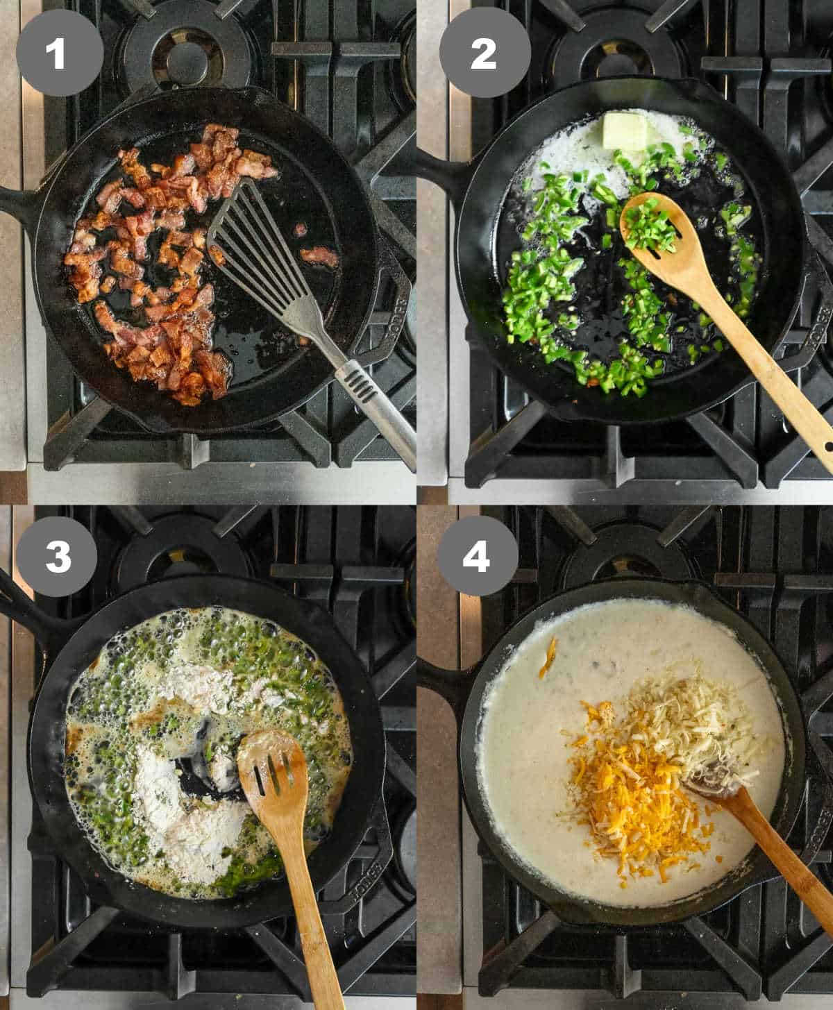 Bacon being fried in a pan then jalapenos added with flour and half n half.