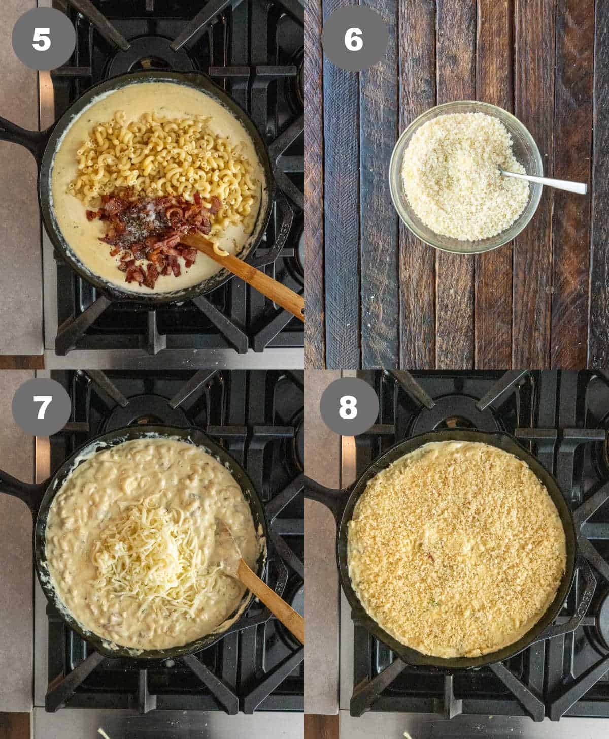 Pasta and bacon added to the cheese sauce and panko bread crumbs placed on top.